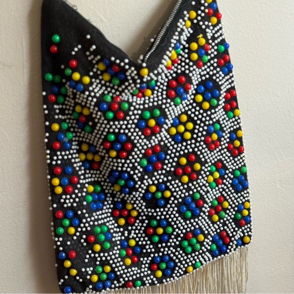 Beaded Fringe Bag Black Colorful Beads Vintage Vibes 60s 70s Boho-Inspired - Picture 5 of 9